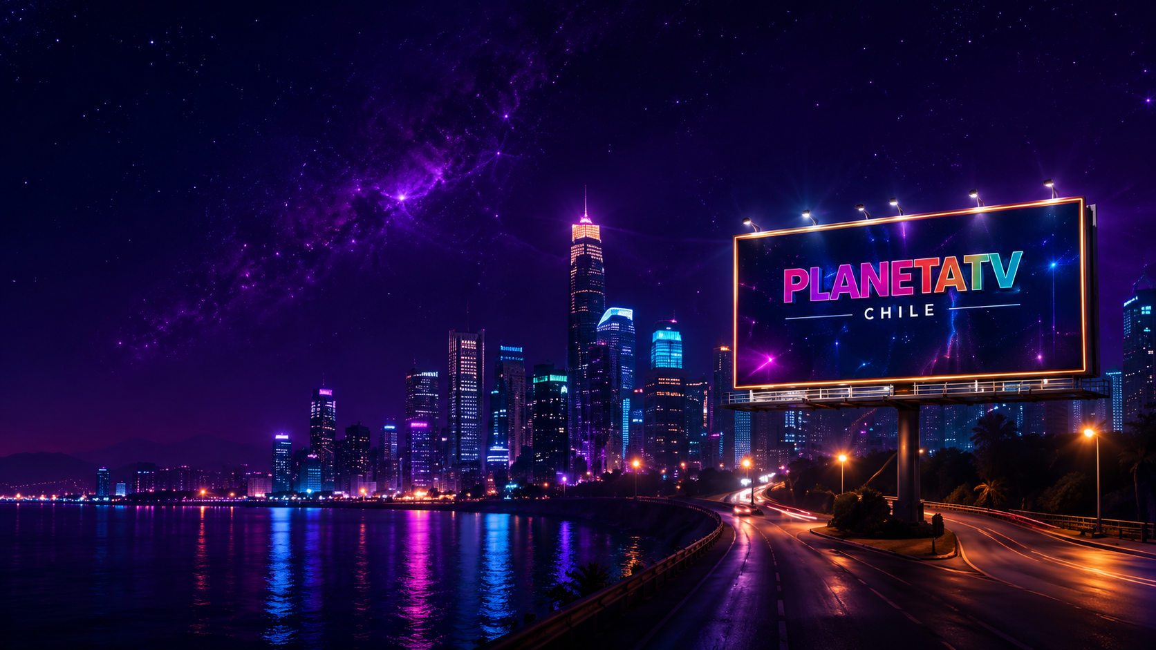 Publicidad de Planeta TV en ciudad nocturna